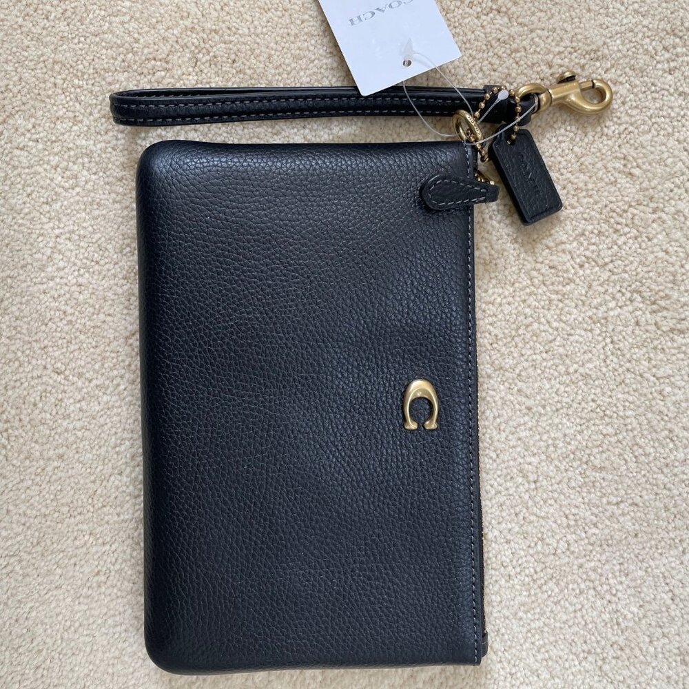 Coach Polished Pebble Black Leather Small Zip-Top Wristlet